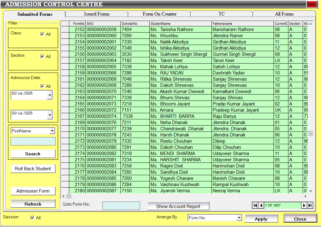 SchoolNX admission control centre showing submitted admission forms