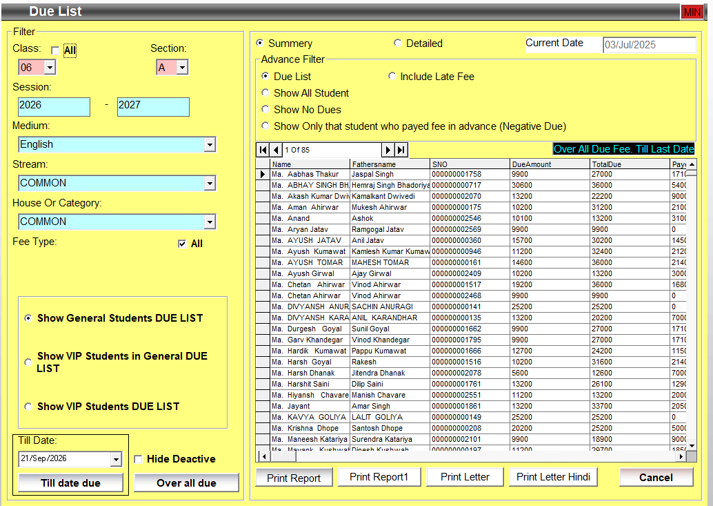 SchoolNX student fee due list and reporting screen