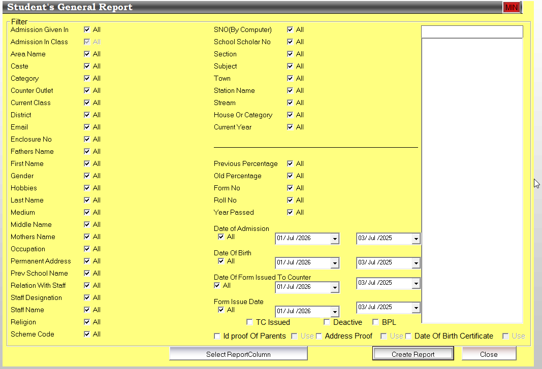 SchoolNX student general report filters and report creation screen