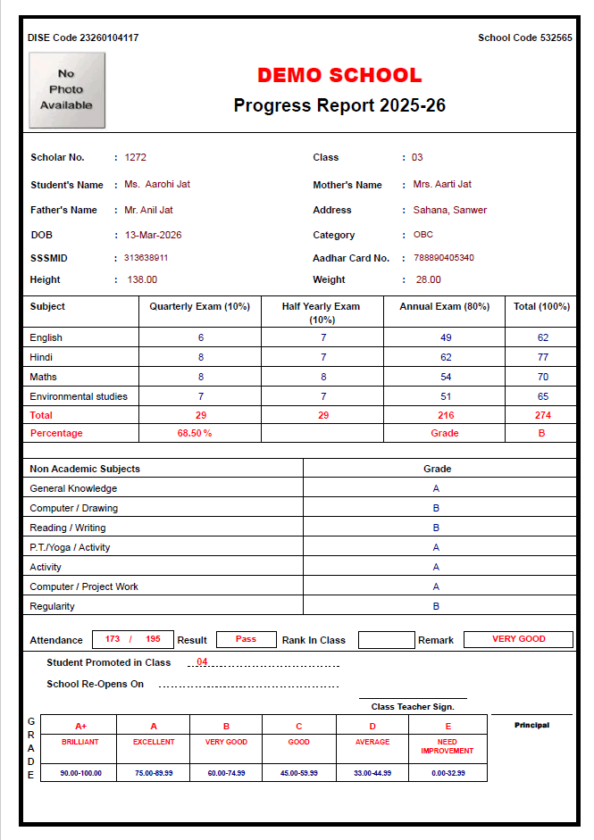 SchoolNX student progress report and marksheet