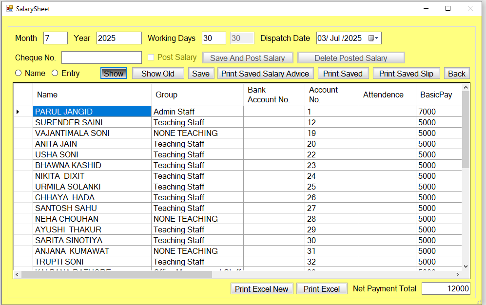 SchoolNX employee salary sheet and payroll screen