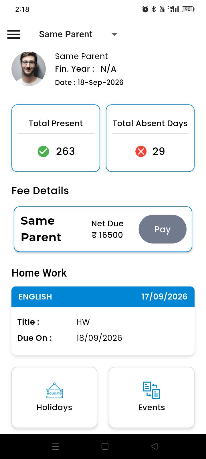 SchoolNX mobile dashboard with attendance fees and homework