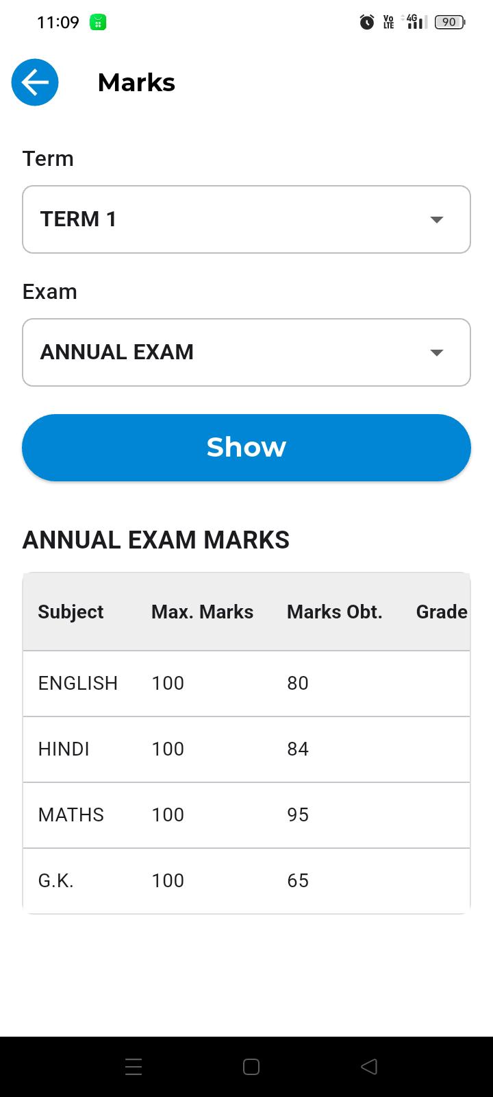 SchoolNX mobile marks and results