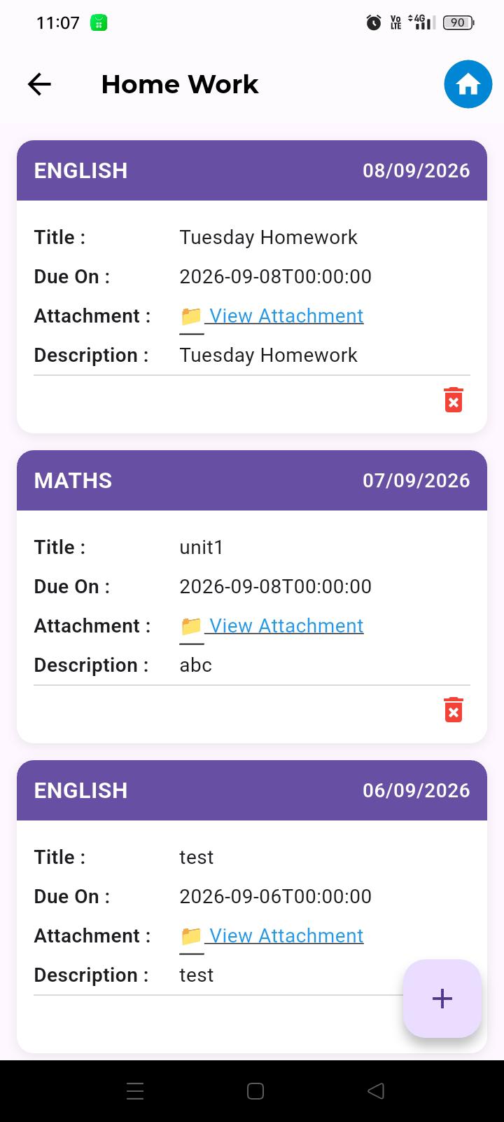 SchoolNX mobile homework and attachments screen