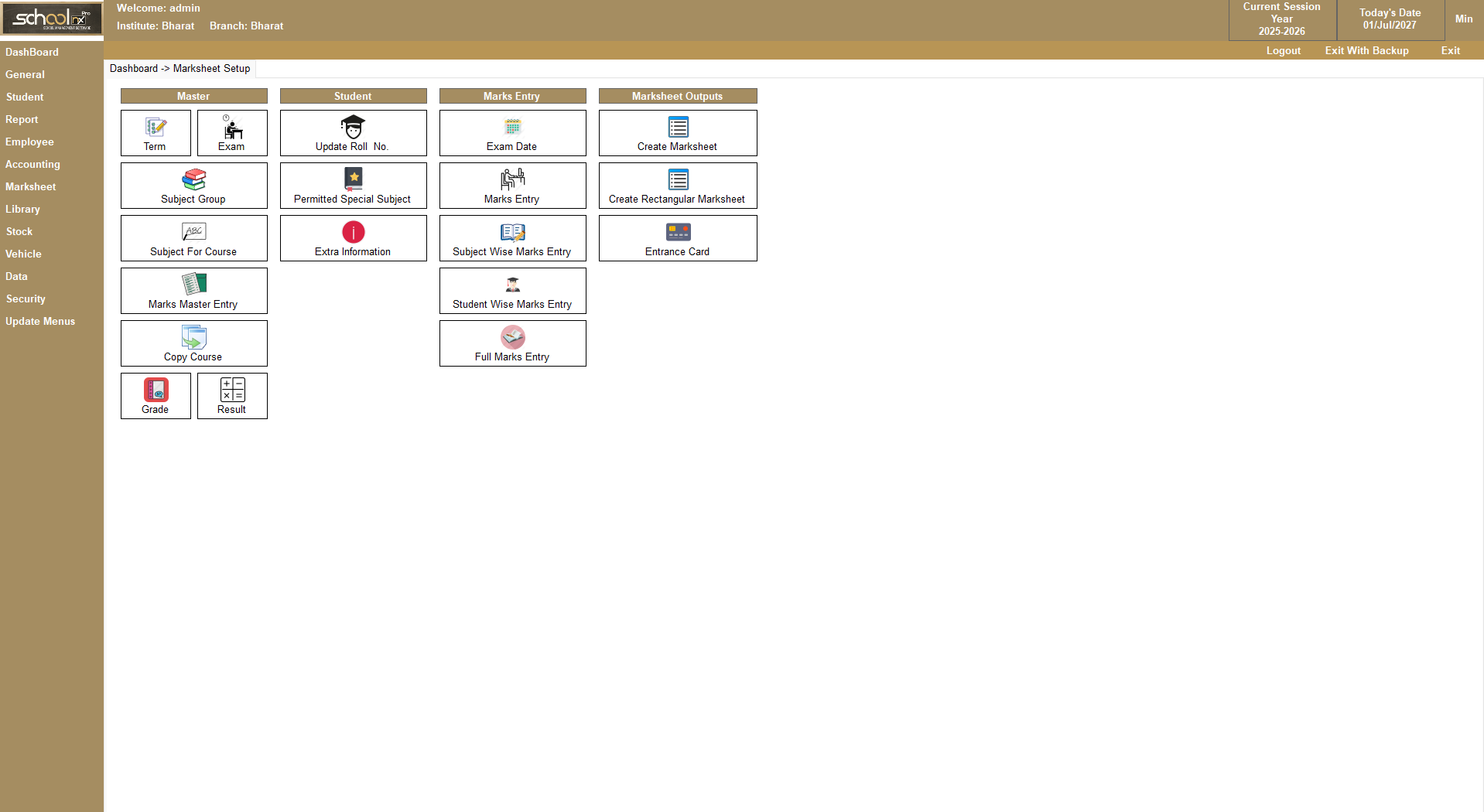 SchoolNX Pro marksheet management screen
