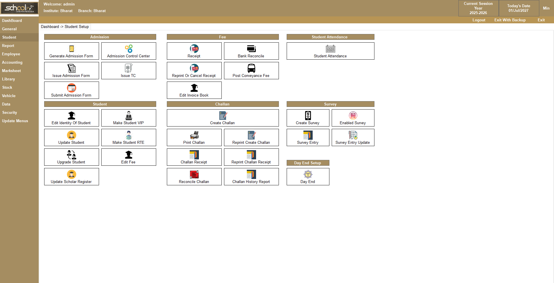 SchoolNX Pro student admission and fee management screen