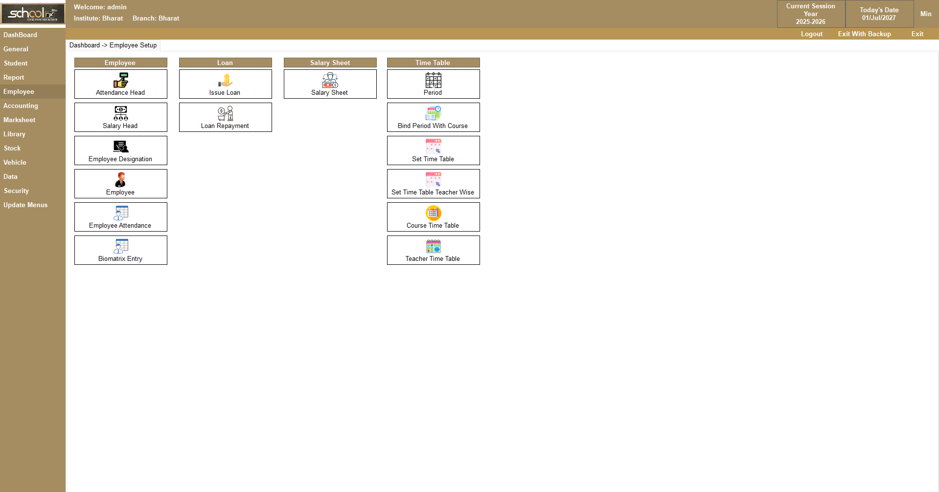 SchoolNX Pro employee payroll and timetable screen
