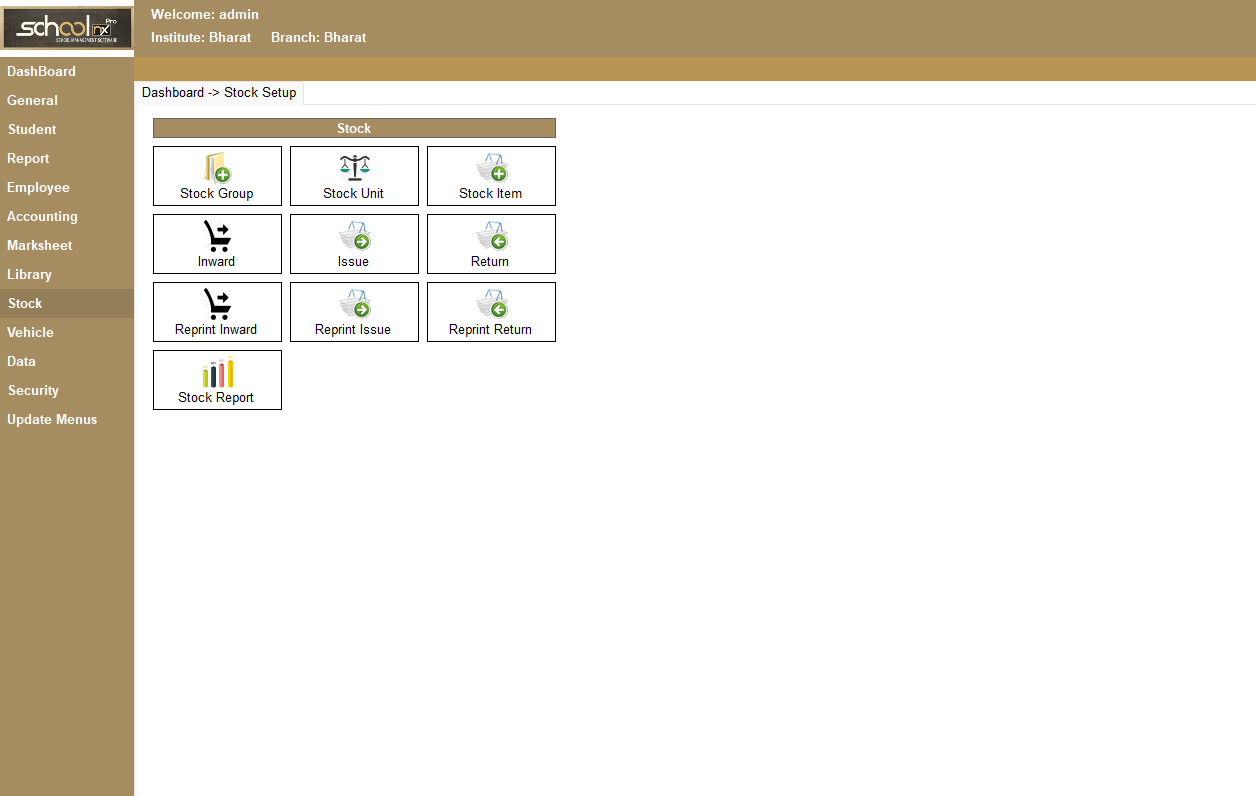 SchoolNX Pro stock management screen