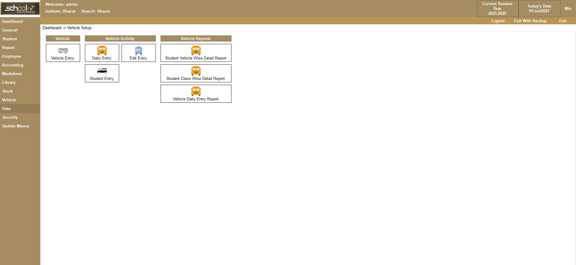 SchoolNX Pro vehicle and transport management screen