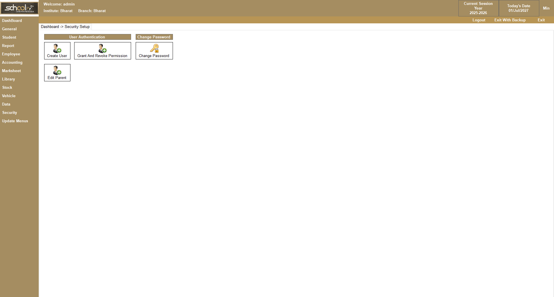 SchoolNX Pro security and permissions screen