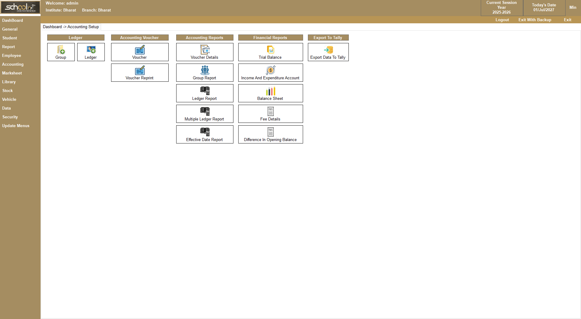 SchoolNX Pro accounting management screen