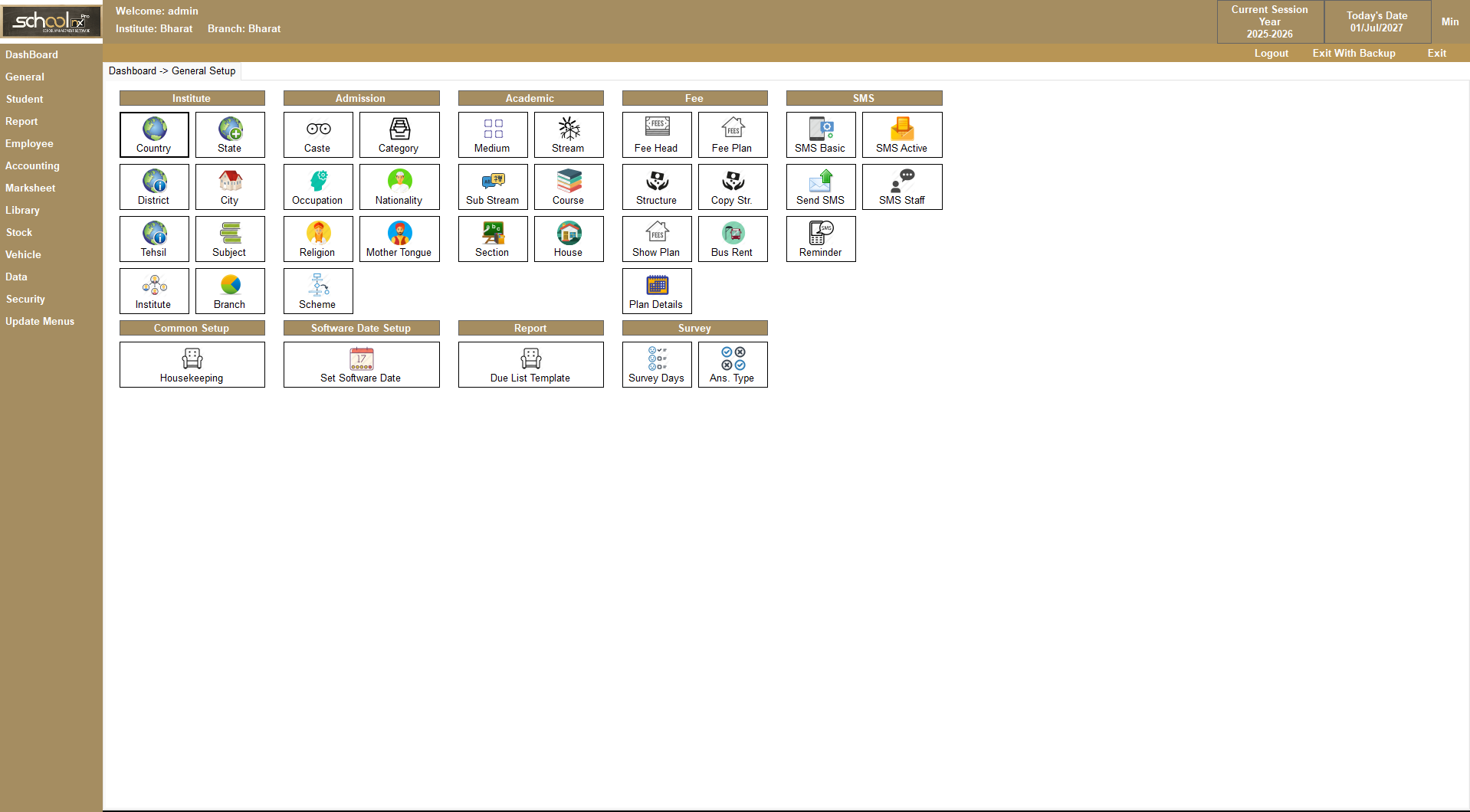 SchoolNX Pro general setup and SMS screen