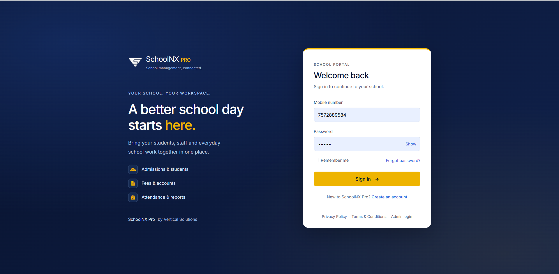 SchoolNX Pro Website secure login screen