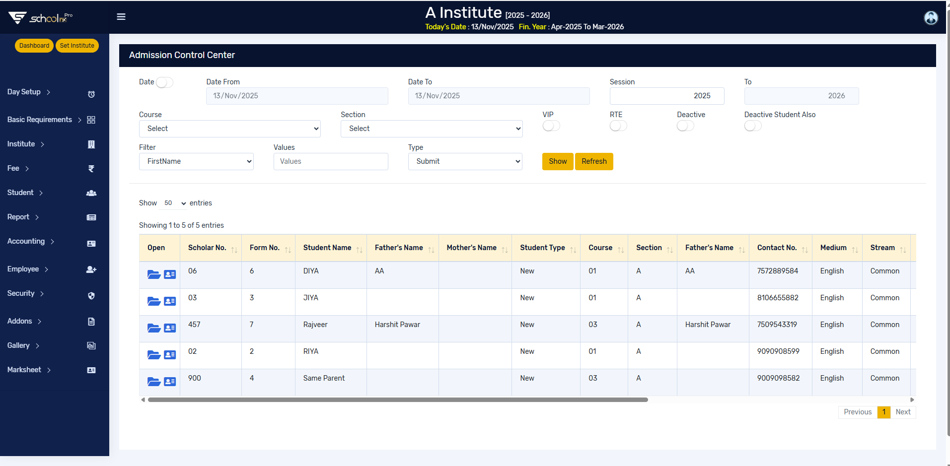 SchoolNX Pro Website admission control center