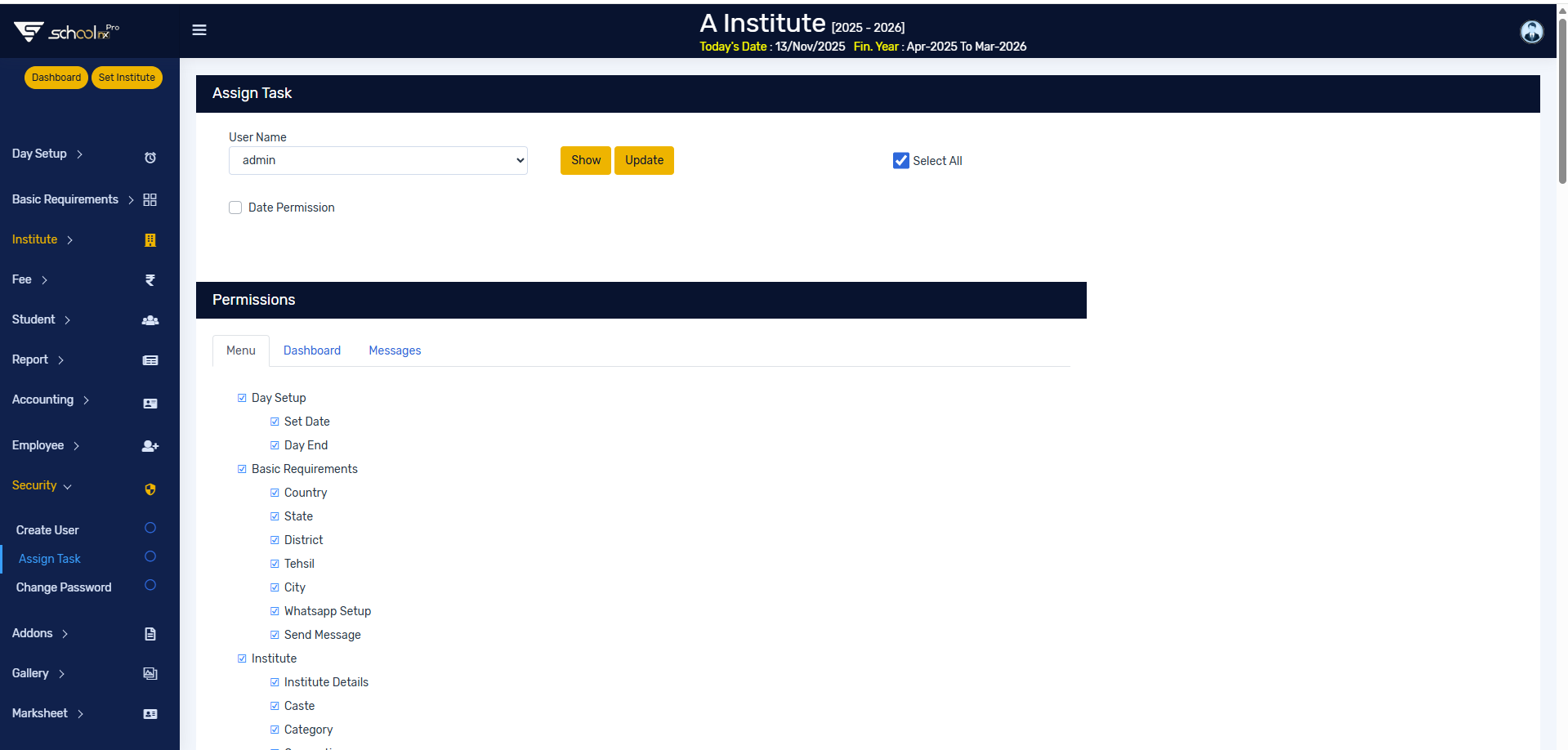 SchoolNX Pro Website user permissions screen