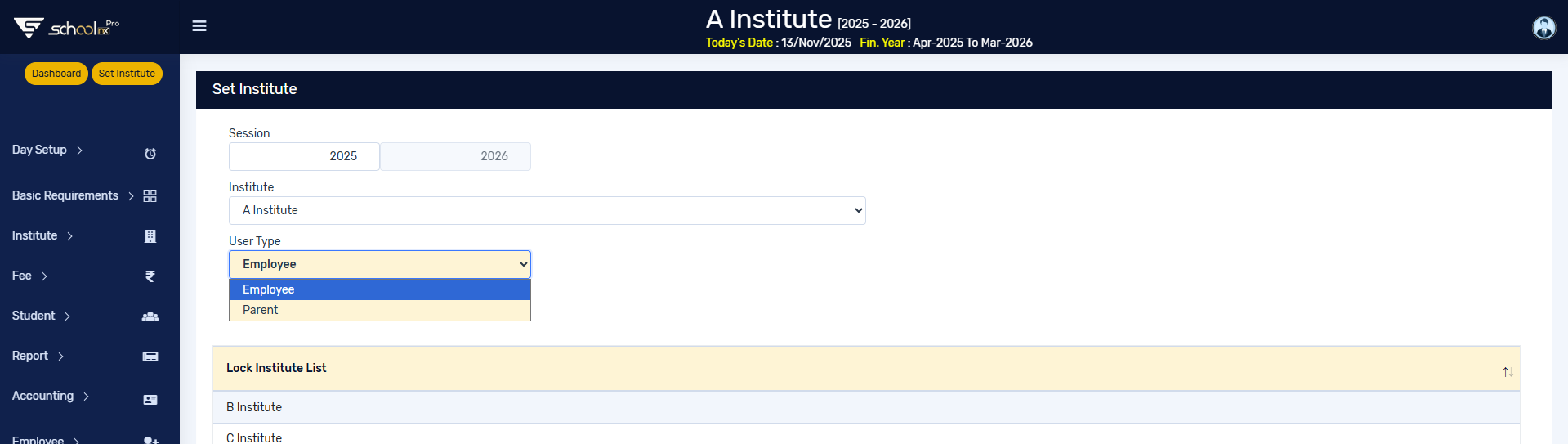 SchoolNX Pro Website institute and user type selection