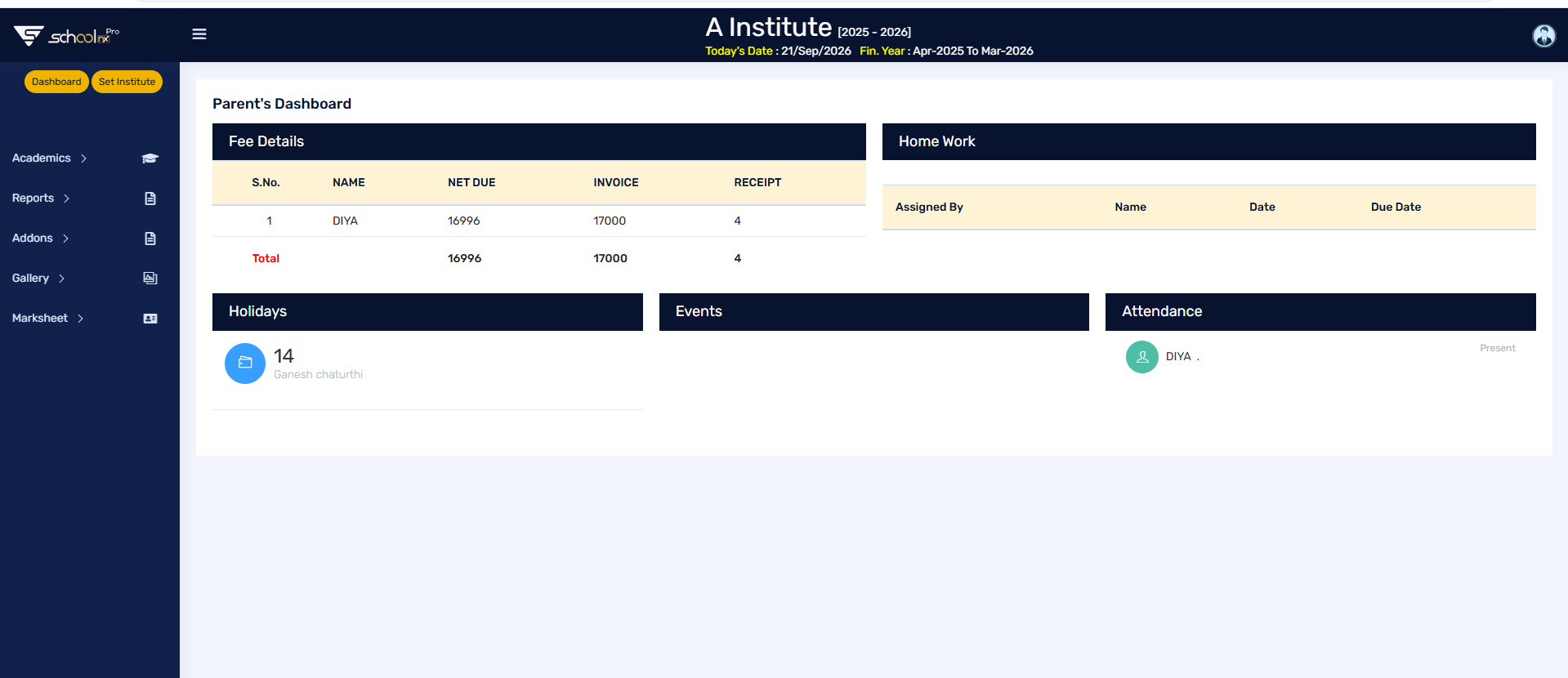 SchoolNX Pro Website parent dashboard
